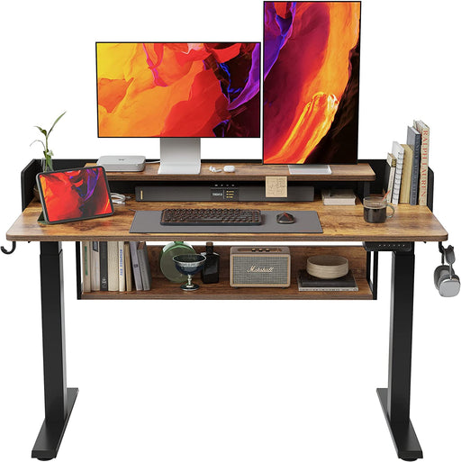 55" Electric Height Adjustable Standing Desk with Double Shelves, 55 X 24 Inch Home Office Desk with Monitor Stand and Storage, Sit Stand Rising Desk, Rustic